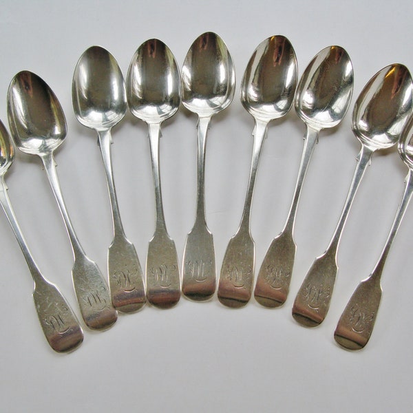 Set of Nine Victorian Irish Sterling Silver Fiddle Rat Tail Spoons, Hallmarked Dublin 1869