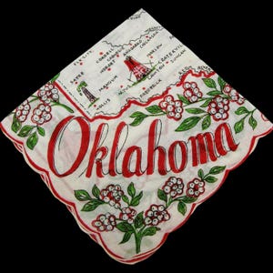 Hanky souvenir en coton de l'état de l'Oklahoma vintage des années 1960 non utilisé