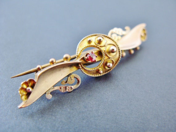 Antique 9K Gold Bar Pin With Faux Ruby, English H… - image 4