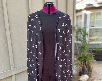 Sheer moon shawl with fringe, witchy moon themed thin jacket