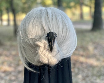 Mini Black raven skull hair pick, small raven hair stick