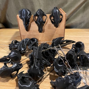 Black skulls hair pick, 3D printed black wolf, cat, raven hair stick