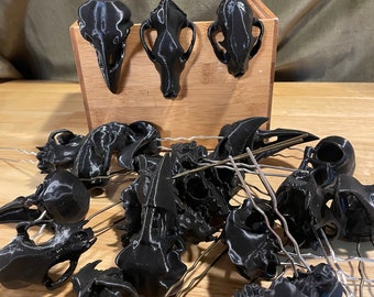 Black skulls hair pick, 3D printed black wolf, cat, raven hair stick