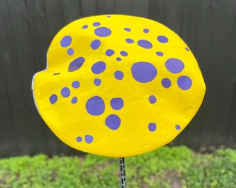Yellow with metallic purple spots floppy mushroom hat, handmade felt toadstool hat