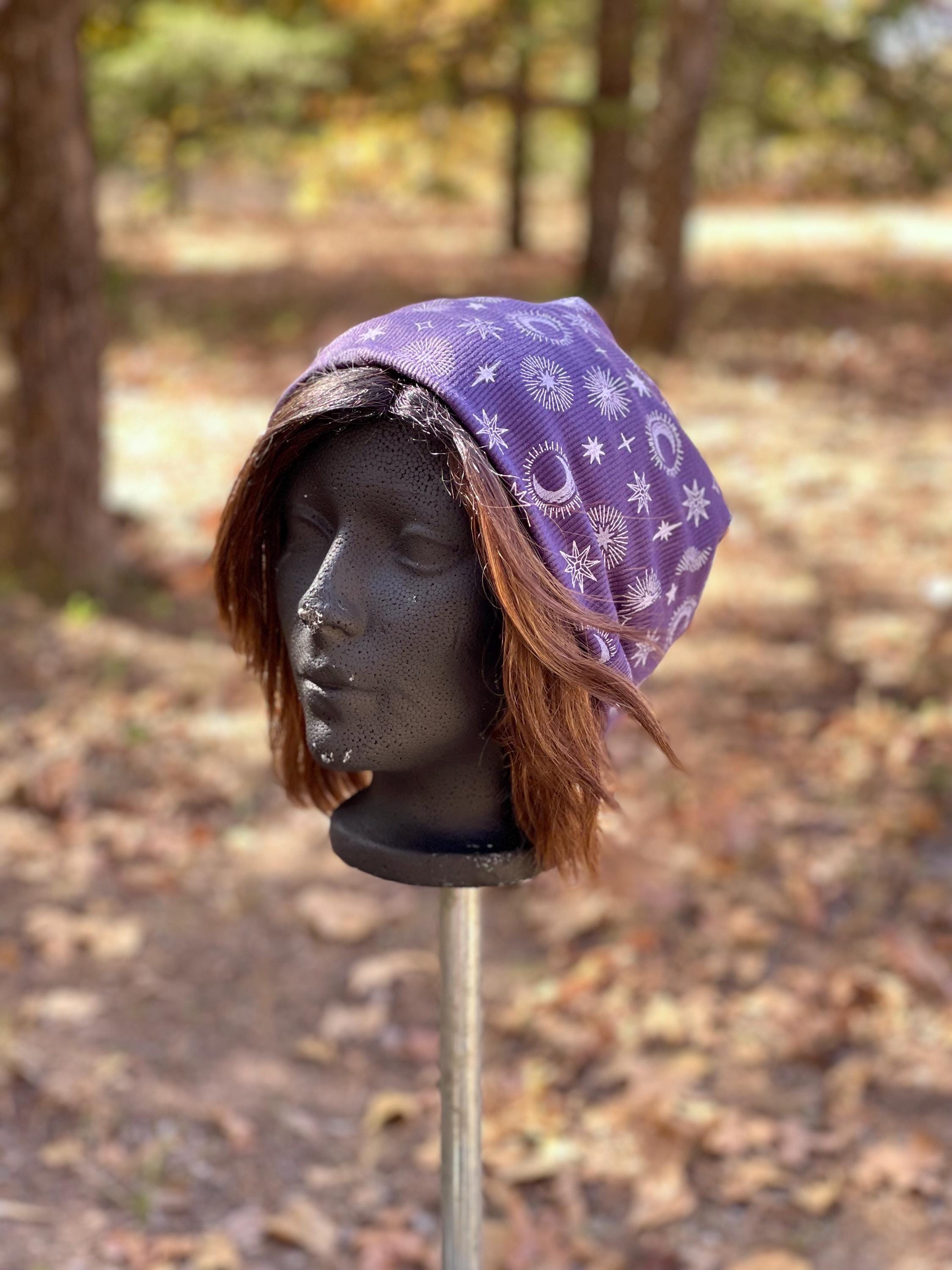 New Custom Designed Ivory Slouchy Beanie with Blue & Gold Round Moon and Stars. Houghton Circle Patch Beanie with Pom - The Highlanders Shop main image 4