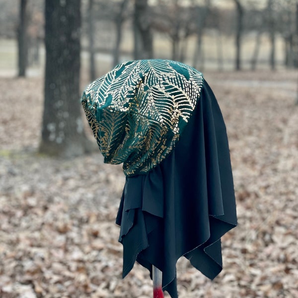 Bonnet épais en molleton vert et doré à imprimé plumes, bonnet vert et doré doux et chaud ou bonnet souple