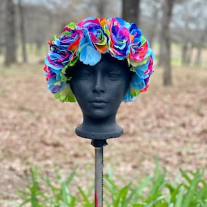 Pastel rainbow roses flower crown, large multicolored flower garland