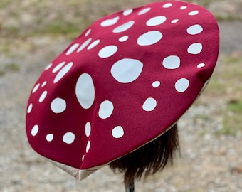Maroon with white dots mushroom hat, handmade felt toadstool hat