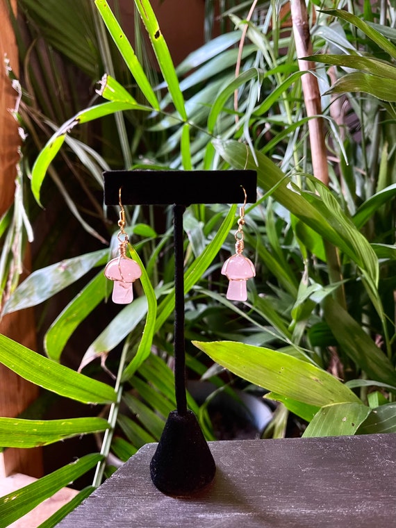 Rose Quartz mushroom earrings rose Quartz pink wire wrapped mushrooms Etsy