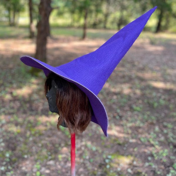 Oversized tall purple witch hat, super tall witch hat