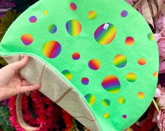 Lime green with matte rainbow print floppy mushroom hat, handmade felt toadstool hat