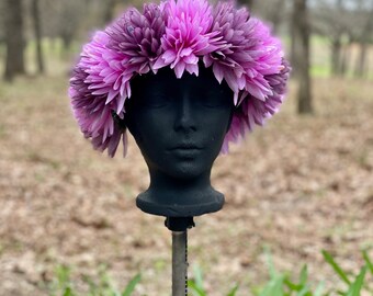 Large fluffy purple and pink flower crown, purple and pink flower garland