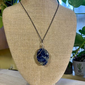 Sodalite pendant wrapped in silver, wire wrapped crystal necklace