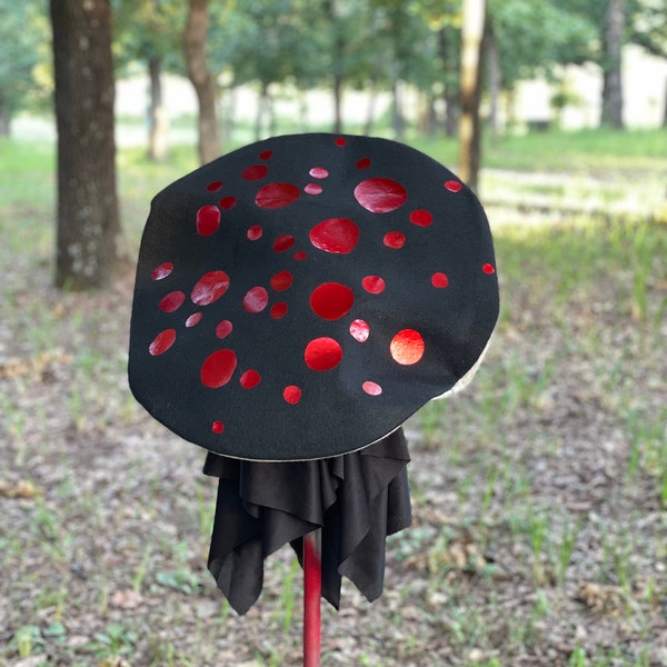 Black with Metallic Red floppy mushroom hat, handmade felt toadstool hat