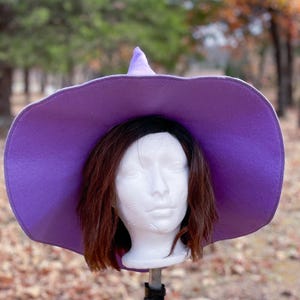 May include: A large, purple witch hat with a wide brim and pointed crown. The hat is displayed on a white mannequin head with brown hair. The background features trees with autumn foliage.