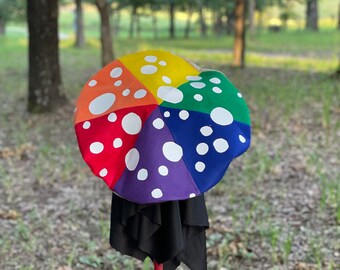 Rainbow floppy mushroom hat with white spots, handmade felt toadstool hat