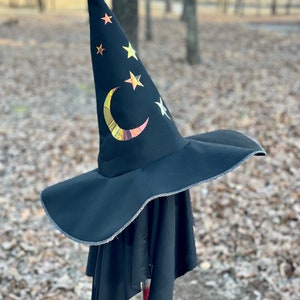 Black with iridescent moon and stars Witch Hat, Wizard Hat, black and rainbow pointy hat