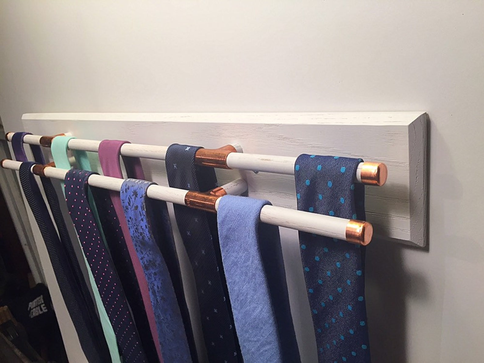 White Tie Rack, Wall Mounted With Copper Accents Etsy