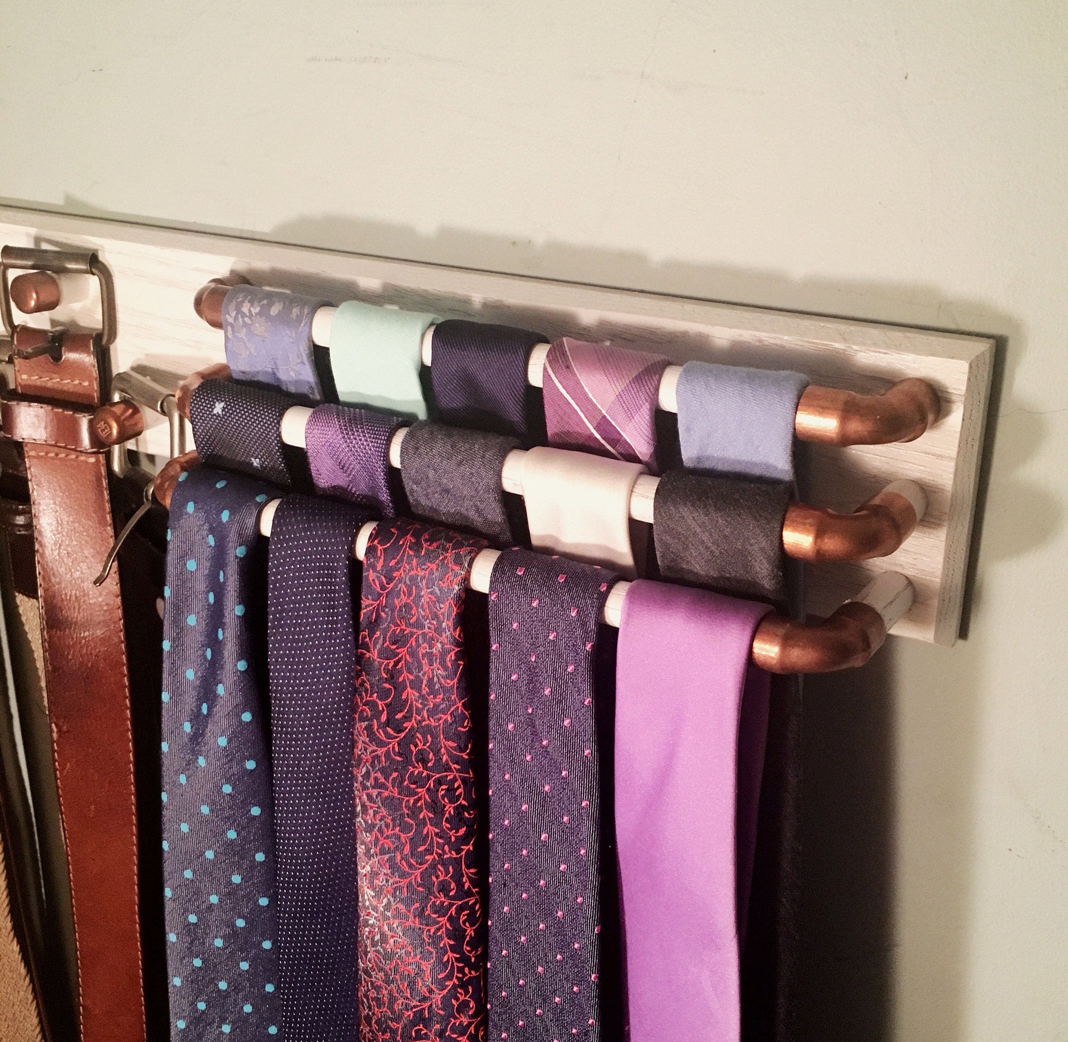 White Belt and Tie Rack With Copper Accents - Etsy
