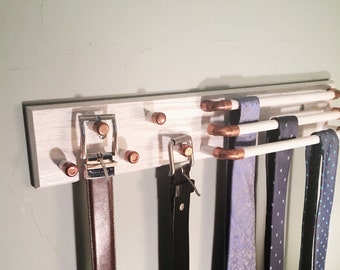 White Belt and Tie Rack with Copper Accents