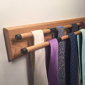 Natural Wood Tie Rack with Black Metal Hardware image 1