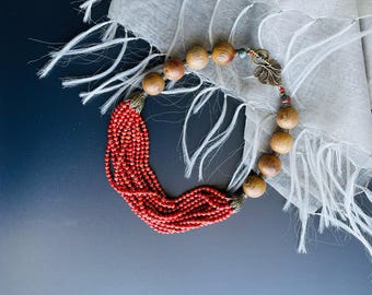 Red Wood Bead Choker: Rustic Multi-Strand Maple Leaf Necklace