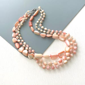 Multi-Strand Shell Bead Necklace: Rose Glow Choker, Summer Statement Jewelry