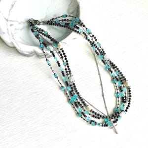 Aquamarine Multi-Strand Necklace: Black Spinel, Pearl & Silver Hematite