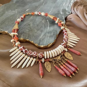 Boho Carnelian Choker: Ivory Howlite, Antique Gold Charms
