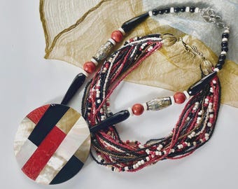 Boho Agate Coral Shell Pendant Necklace: Multi-Strand Seed Bead Choker