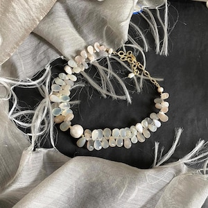 Moonstone Petal Beads Necklace with Japanese Cotton Pearl, 17&quot; Adjustable Handmade Jewelry