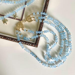 Blue Chalcedony Choker: Gold Starfish Charms, Nautical Marine Jewelry