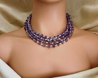 Mehrstrangige Amethyst Halskette: Böhmisches Glas & Hämatit Choker