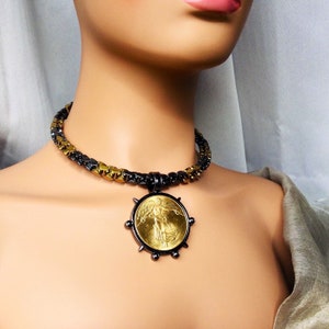 Monochrome Hematite Bead Choker: Antique Gold Coin Pendant Necklace