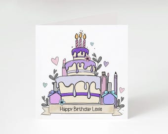 Personalised Doodle Cartoon Style Makeup Birthday Card - Birthday Cake