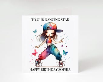 Personalised Dancing Girl Birthday Card - Rainbow Hip Hop Dancer Card - Custom Name Dance Illustration