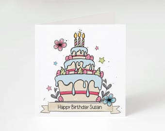 Personalised Doodle Cartoon Style Blue Birthday Card - Birthday Cake