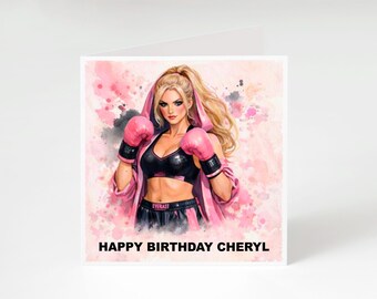 Personalised Boxing Birthday Card - Strong Woman Pink Boxing Gloves - Custom Name Birthday Card - Fitness Fighter Girl Card