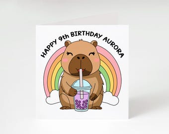 Personalised Children's Capybara Birthday Card - Cute Capybara & Rainbow Design - Custom Name and Age Card - Kid's Birthday Card