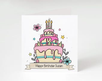 Personalised Doodle Cartoon Style Pink Birthday Card - Birthday Cake