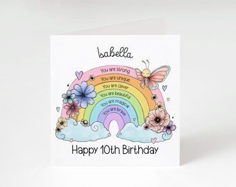 Personalised Birthday Card for Girl – Rainbow Affirmation Birthday Card – Custom Name Card – Positive Affirmations – Butterfly Floral Card