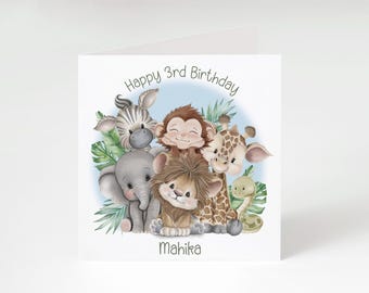 Personalised Jungle Birthday Card - Cute Safari Animals Birthday Card - Custom name & age