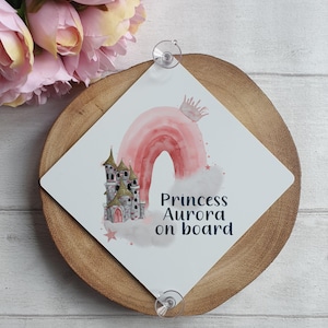 Personalised Baby on Board Sign - Princess on Board Window Sign - Pink Rainbow Metal Sign with Suckers