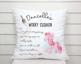 Personalised Worry Rainbow Pony Cushion