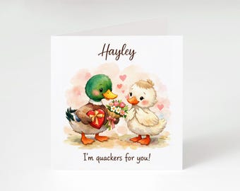 Personalised Duck Valentine Card - Cute Watercolour Love Card - "I'm Quackers for You" - Custom Romantic Greeting Card for Partner