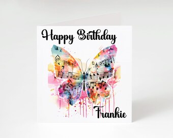 Personalised Musical Note Butterfly Birthday Card - Custom Name Music Card - Colourful Art Birthday Card - Gift for Music Lover