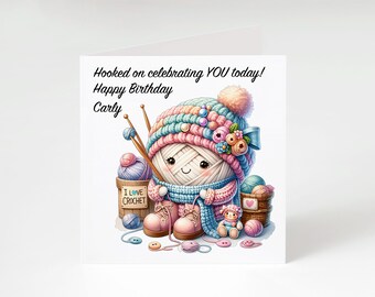 Personalised Crochet Birthday Card - Cute Yarn Character Card - Custom Name Birthday Card for Crochet Lover