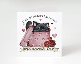 Personalised Cat Anniversary Card – Cute Cat in a Box Card – Custom Name Cat Lover Card – Funny Romantic Anniversary Card – Illustrated Cat