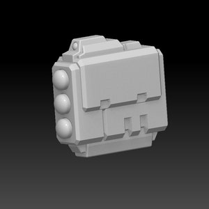 May include: A white, 3D printed model of a futuristic weapon with a series of round, protruding details on the side.
