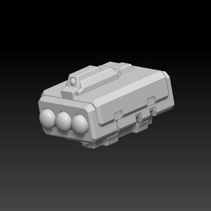 May include: A white plastic model of a rocket launcher with four round projectiles. The launcher has a textured surface and a small detail on the top.